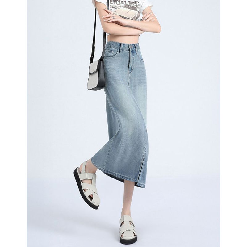 Women s Autumn Slim Fit Slimming Mid Length Long Length Denim Skirt Blue S