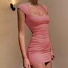 Women's Skirt Fashion Solid Color Square Neck Shows Chest Short-sleeved Slim Sexy Dress Female Wrap Hip Skirt