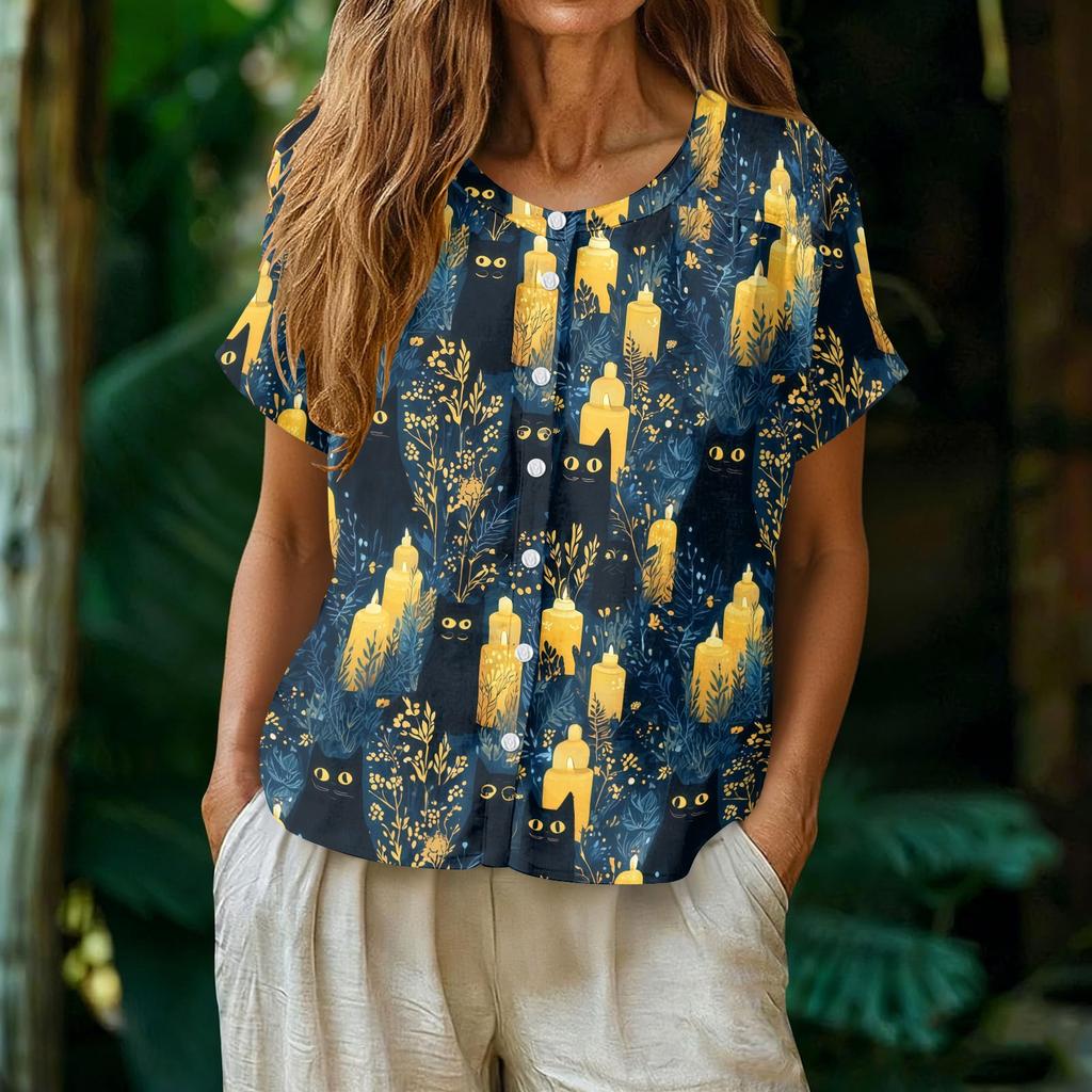 Women's Fashion Henley Neck Single Breasted Shirt Halloween Themed Print Short Sleeve Casual Top for Daily Wear