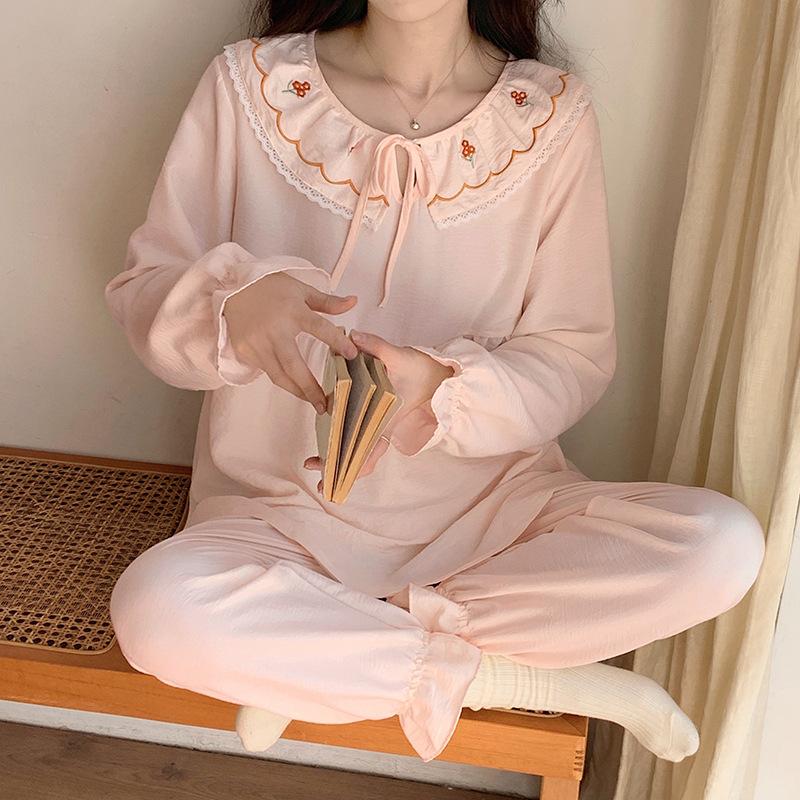 [D] Oh Mi Da Spring and Autumn New Product Sweet Solid Color Doll Collar Princess Style Pajama Set Women's Loungewear