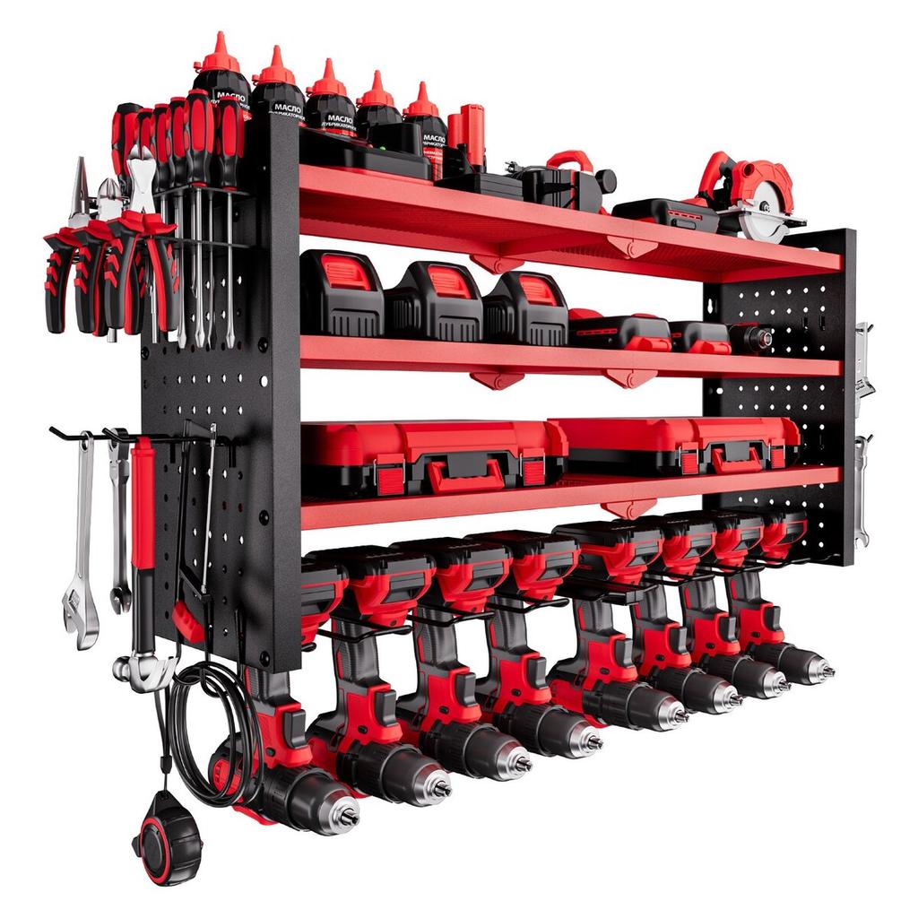 Power Tool Organizer Wall Mount, 4-Layer Storage Rack with 8 Drill Holders, Tools Holder and Storage Rack with Side Pegboards, Garage Tool Organizer