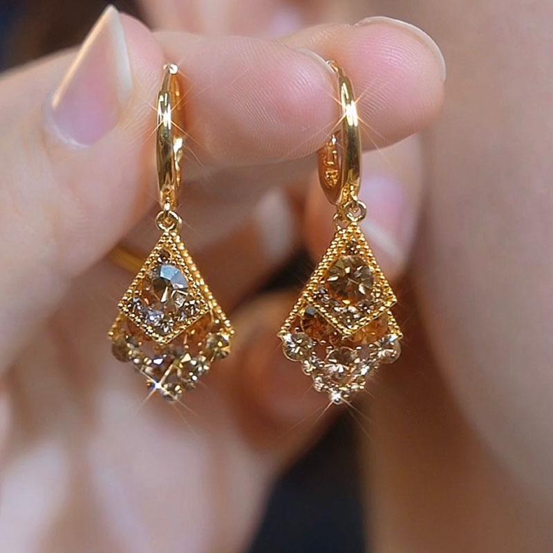 New High-end Coffee Colored Geometric Double-layer Diamond Earrings Trendy and Versatile Design Earrings for Women