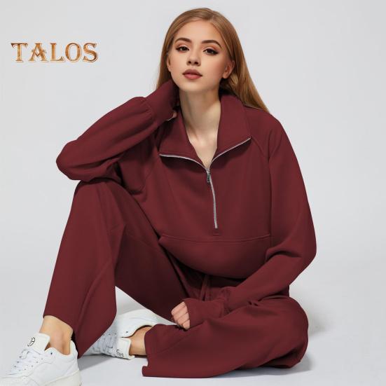 2 ks/sada dámských topů a kalhot, sada s poloviční zipem, odkládacím límcem, dlouhým rukávem, mikinou s elastickým pasem a širokými nohavicemi, sportovním oblečením, podzimním oblečením a volnočasovými aktivitami