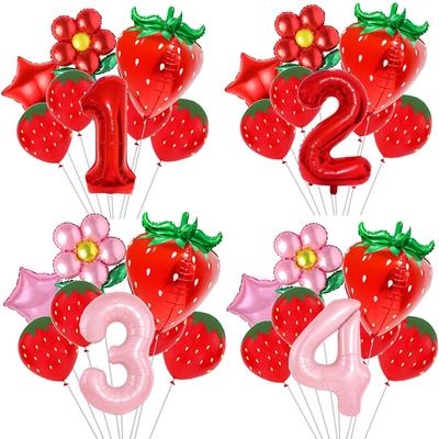 9 Stück Erdbeer-Ballon-Sets Geburtstagsdekorationen für Mädchen 32 Zoll 0-9 Zahlenballons für Erdbeer-Geburtstagsparty-Dekorationen