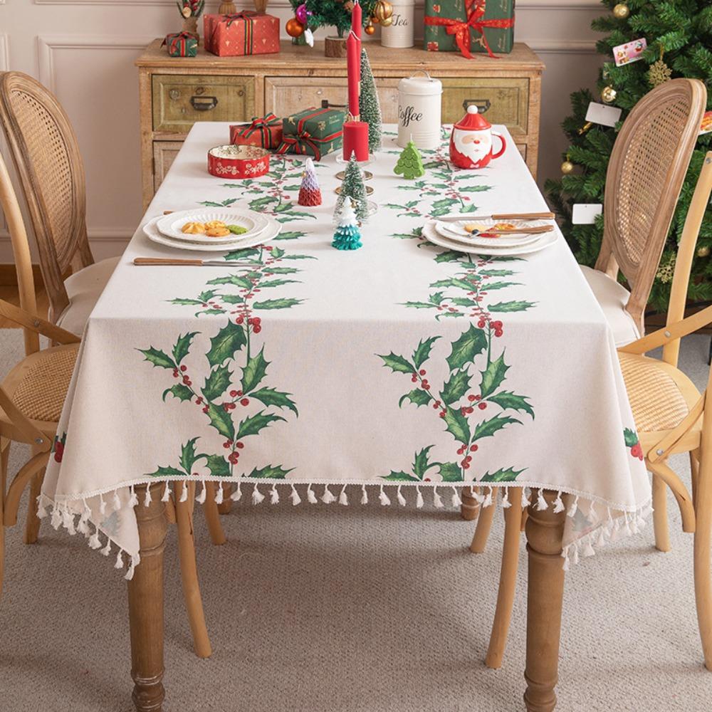 Festive Christmas Table Runner Cotton Blend Printed with Floral Fringe Decorative Dining Cover