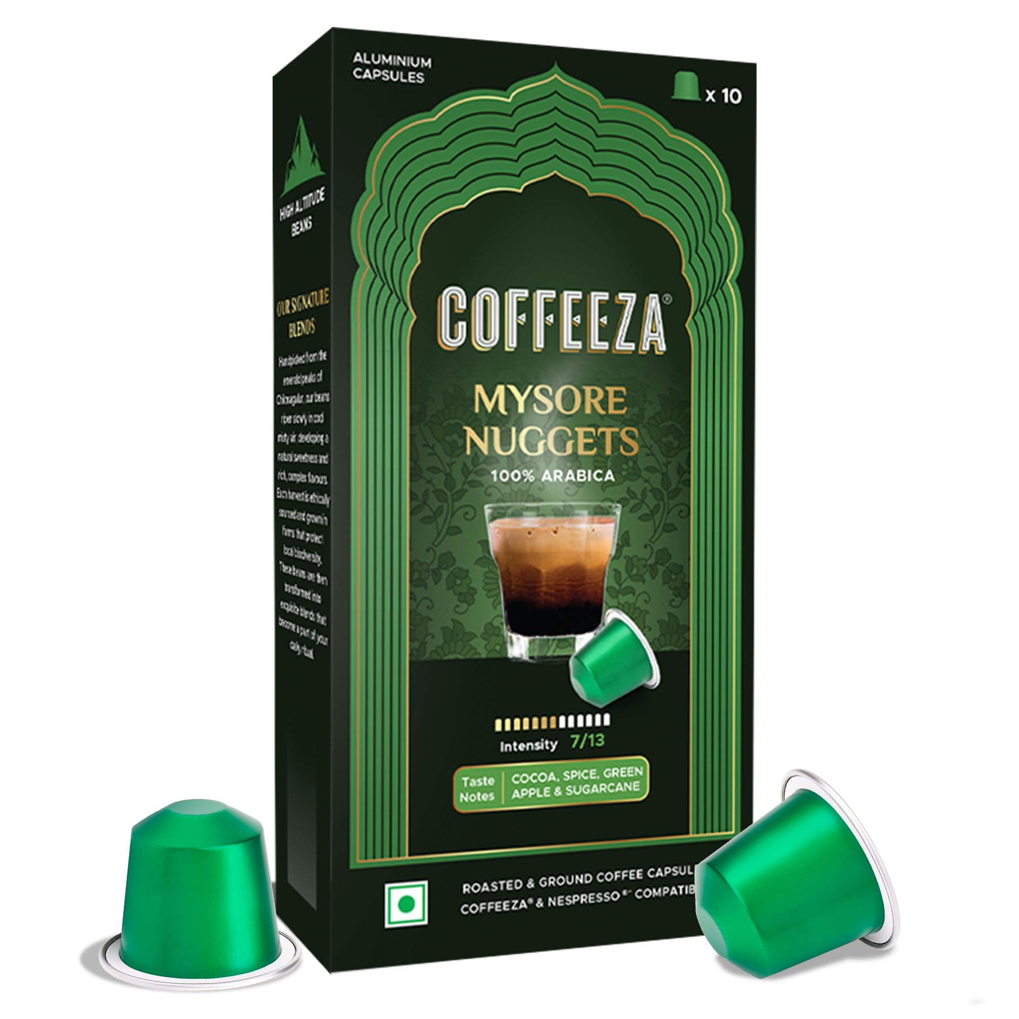 COFFEEZA (Aaa Arabica Grade) Mysore Nuggets Aluminium Coffee Capsules (Specialty Coffee) Intensity 7/10 - (Box Of 10)