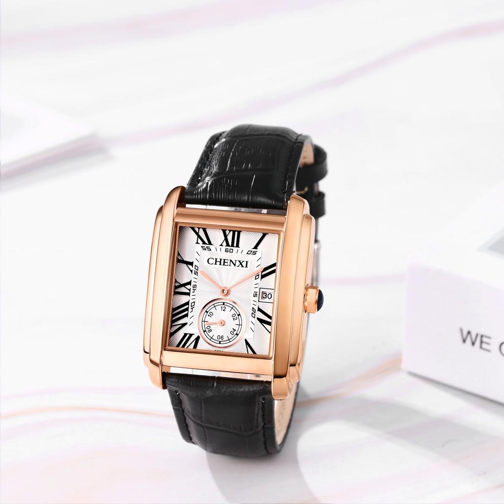 Watch Leather Belt Calendar Square Roman Analog Display 3ATM Waterproof Stylish Quartz Watch Black Business Casual Fashion Accessories Birthday