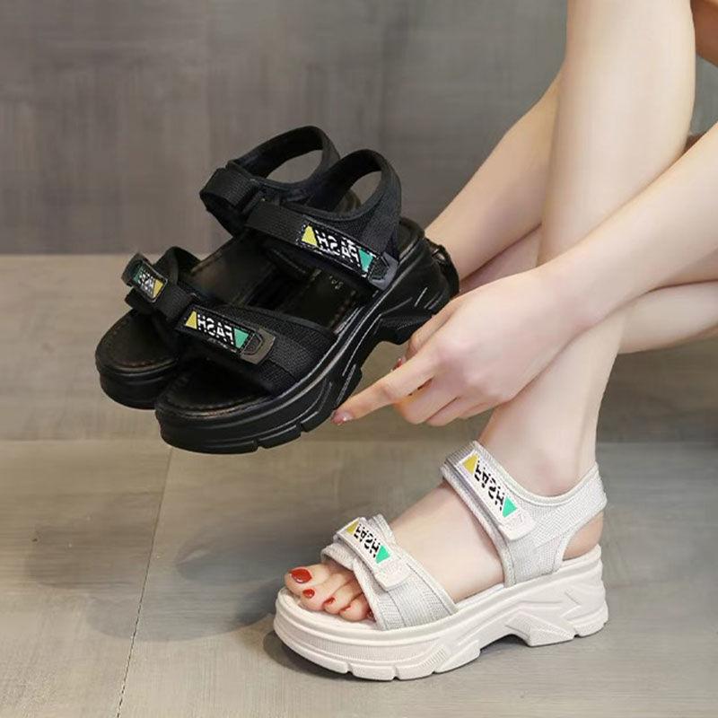 Sports sandals women's black 2025 new summer Velcro thick-soled wedge heel lightweight soft-soled casual open-toed shoes