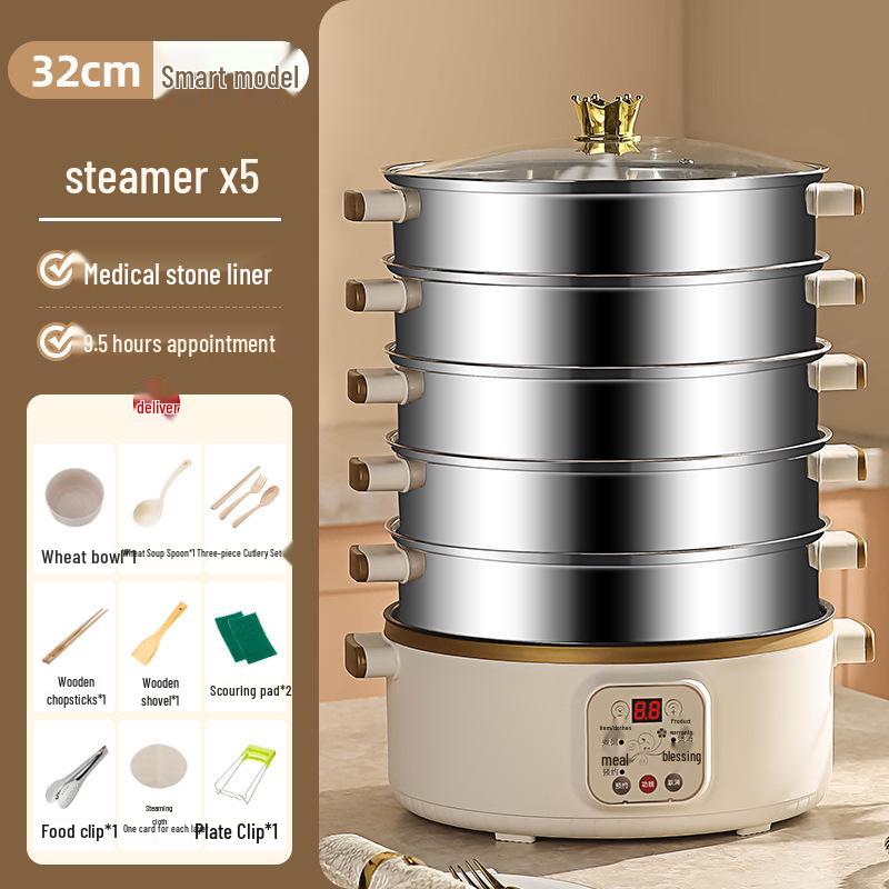 Wielofunkcyjny parowar elektryczny: Stal nierdzewna, Trójwarstwowy, Minutnik, do gotowania na parze, gotowania i duszenia
