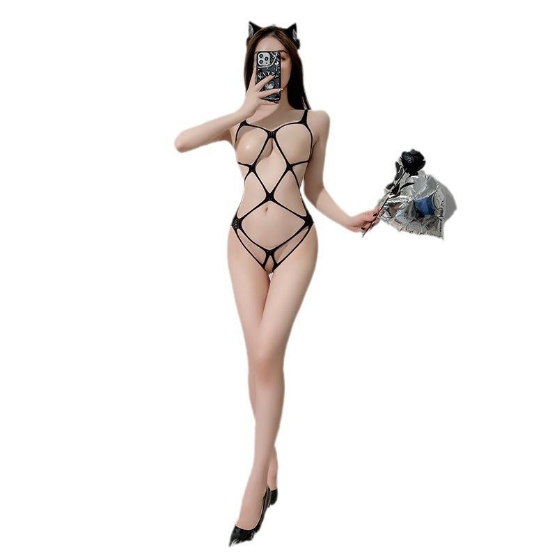 Sexy lingerie big hole exposed breasts temptation net coat large size one-piece net socks open file free onesie