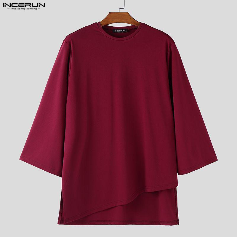 INCERUN Oversized Summer Men O Neck 3/4 Sleeve iIrregular Casual Long T-shirts Tee Tops