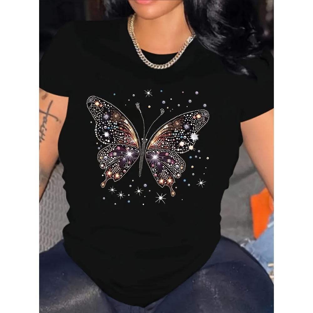Sparkling Butterfly Women s Tee Glam Graphic Casual Purple Top S