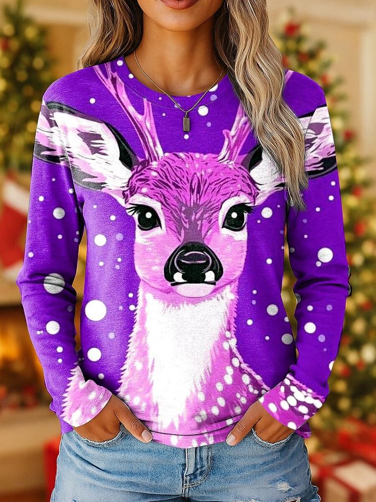 2025 Women's Vintage Reindeer Print Long Sleeve, Christmas Party Crew Neck, Holiday Gift Top, Fall Winter Festive Style