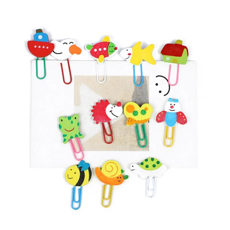 12Pcs /set Cute Animal Painted Wooden Paperclip Cartoon Stationery Learning Office Supplies PaperClips Clip Metal Cake Plugin