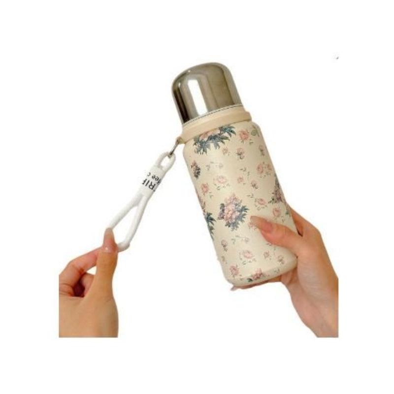 Large Capacity Rose Peony Retro Thermos Cup with Lanyard and Tea Separator