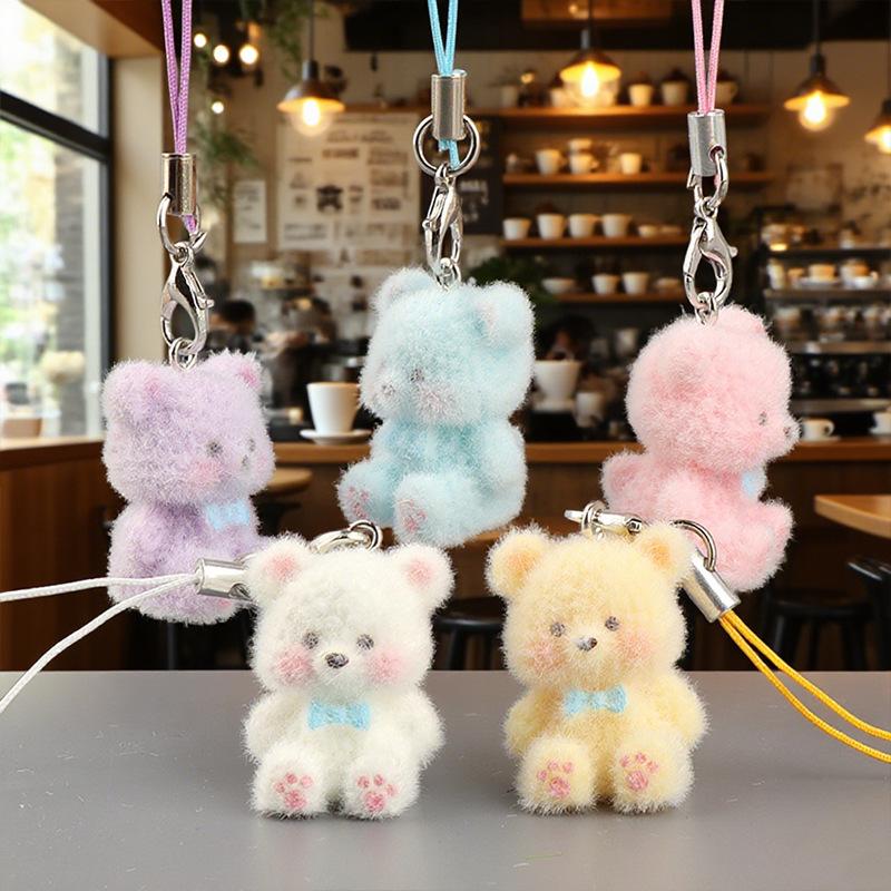 Cute Flocked 3D Resin Bear Keychain Sweet Creative Student Phone Chain Pendant Bag Accessory Phone Strap Gift