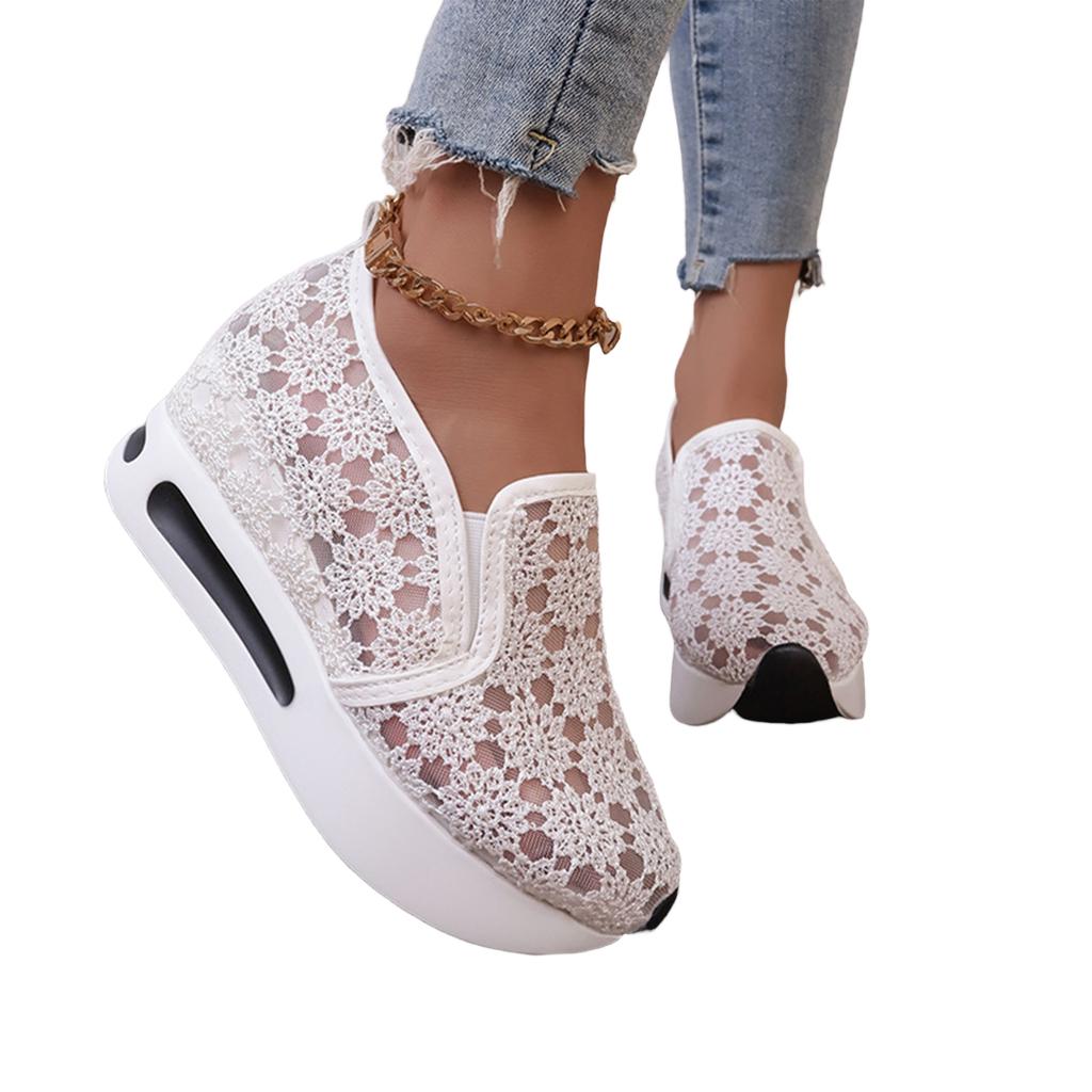 Women's Lace Mesh Platform Slip On Casual High Heel Shoes with Wedge Sole Lightweight Breathable Design Comfortable Fit