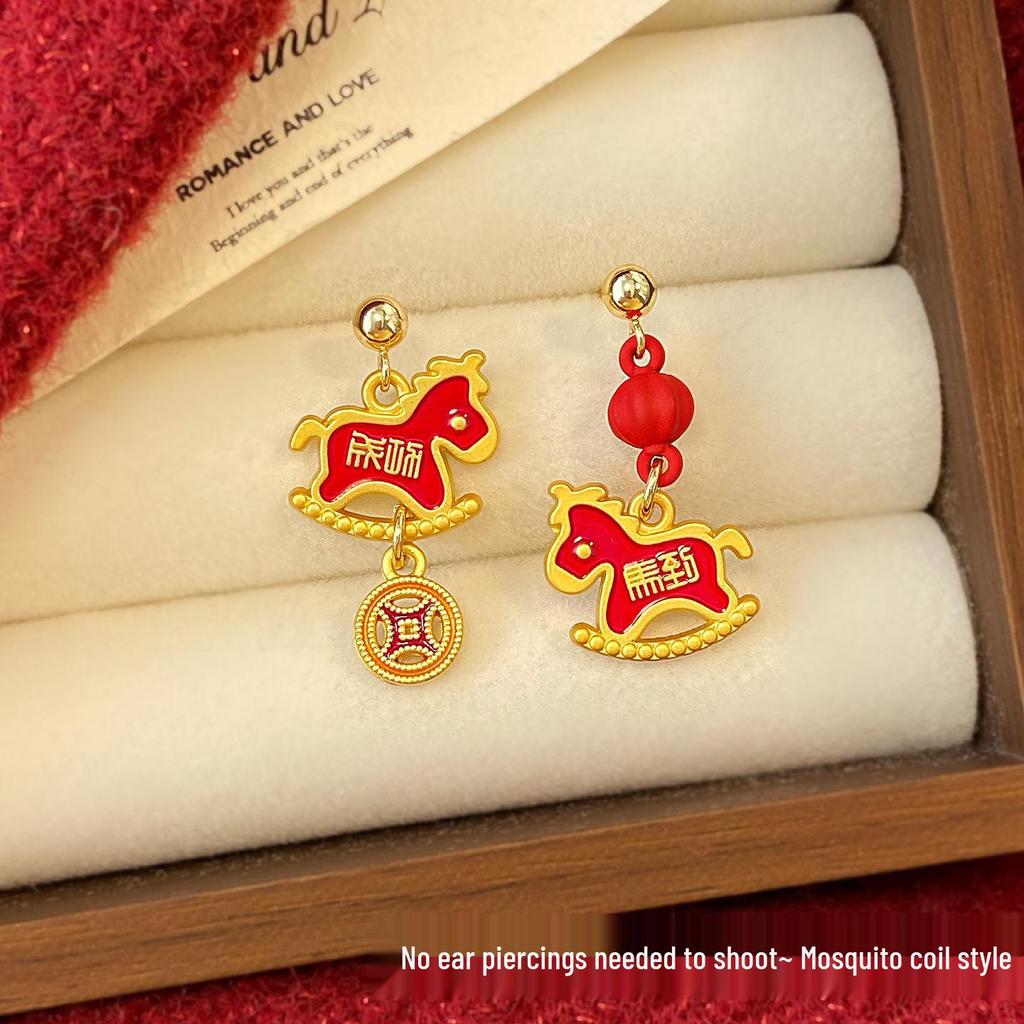Red Velvet Zodiac Horse Earrings: Festive Dangle for New Year