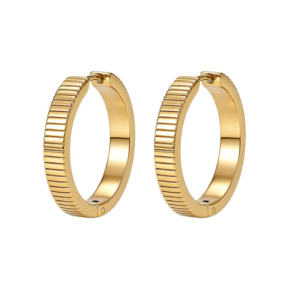 FINE4U 316L Stainless Steel Vertical Ridged Hoop Earrings Click Hinged Circle Hoops Hypoallergenic Textured Ear Jewelry