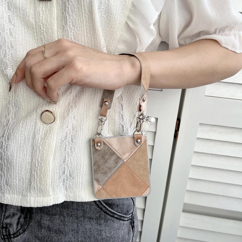 Fusion Business Sle Bla Color Collision Wristband Lanyard Leather Phone Case for Samsung Galaxy Z Flip 7 6 5 4 3 Protect Cover