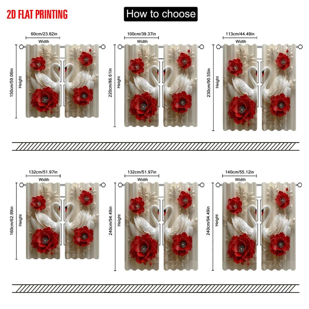 Set aus 2 flachen Druck-Fenstervorhängen Weiße Schwäne Rote Blumen Digital bedruckte Polyester-Vorhänge Geburtstagsparty-Nutzung Feiertagsvorhang