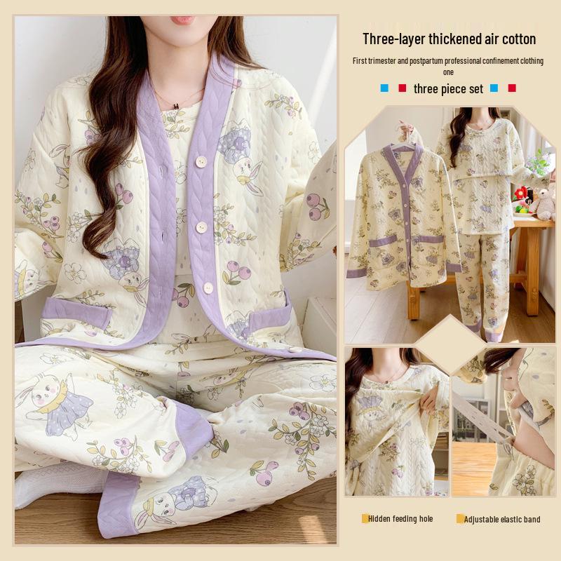 Thick Pure Cotton Maternity Pajama Set: 3-Piece, 9-12 Months Postpartum, Autumn/Winter Blueberry Rabbit