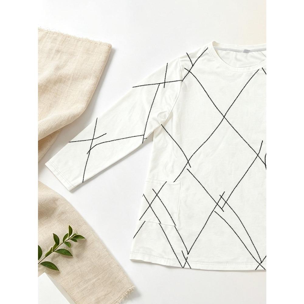 Women's Large Size Loose Rhombus Print Long Sleeve T-Shirt with Pockets