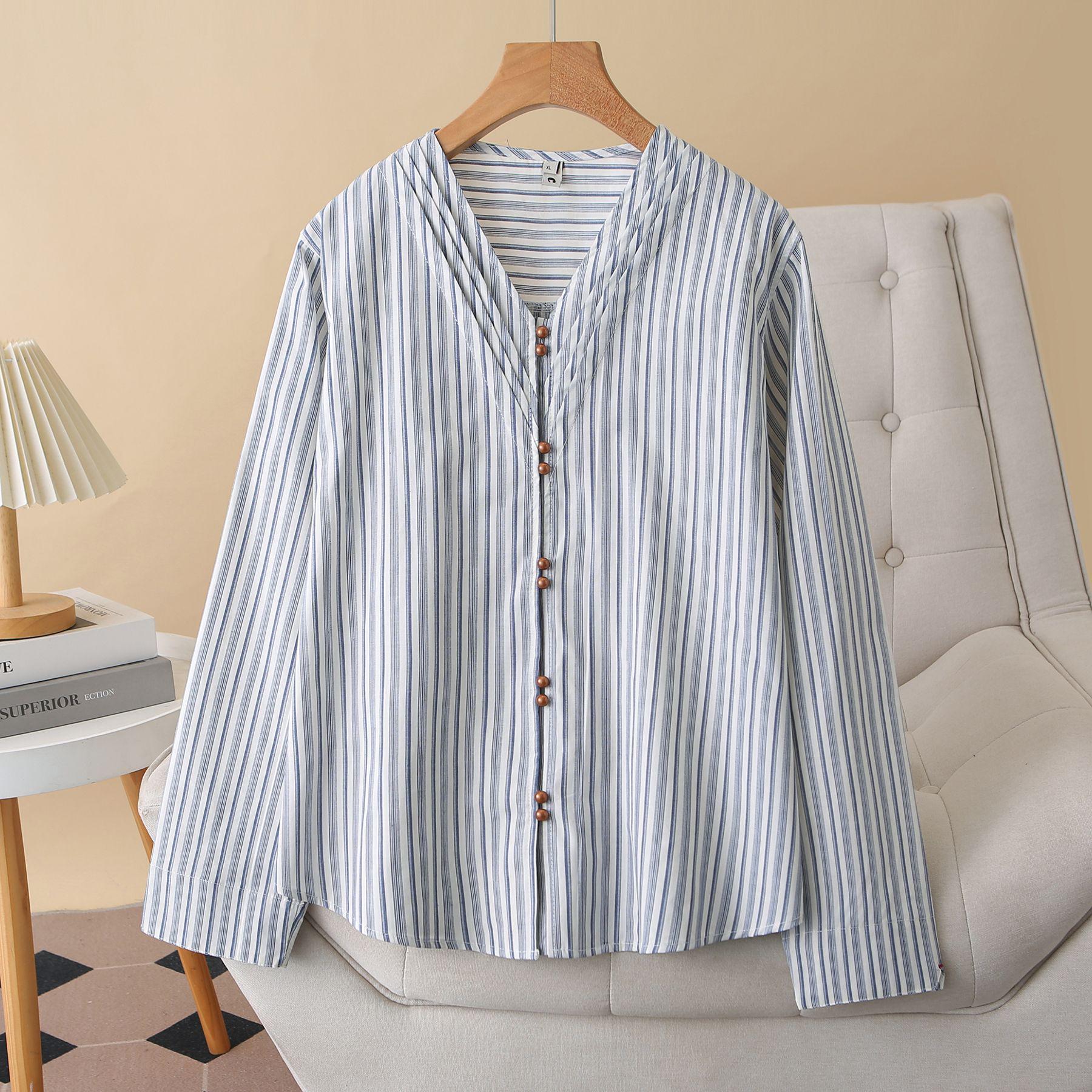 2026 Spring Plus Size V-Neck Striped Long Sleeve Cotton Cardigan for Women 2XL