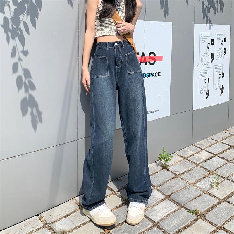 Women's High Waist Wide-Leg Jeans with Large Pockets - Korean Style, Plus Size, Straight Fit