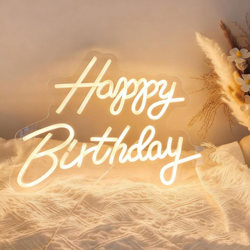 Happy Birthday Neon Lighting Sign LED Light Up Art Wall Decoration USB Charging Luminous LED Background Warm White Light