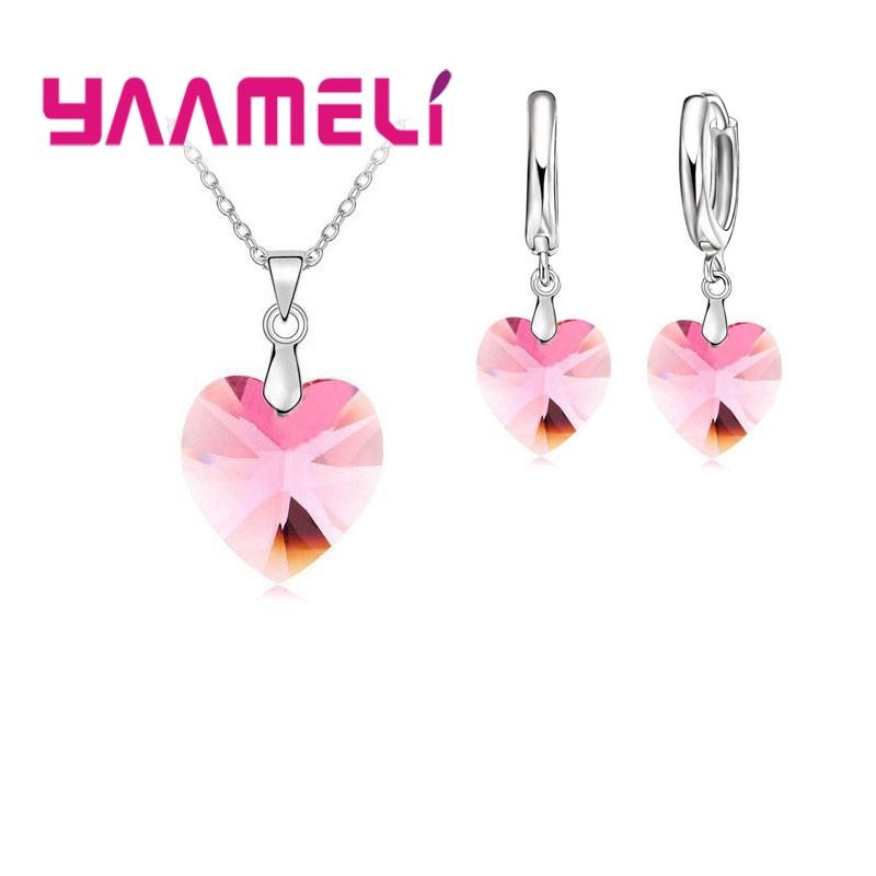 

Love Heart Shape Women 925 Silver Color Bridal Jewelry Set For Wedding Fashion Crystal Pendants Necklaces Earring Set розовый