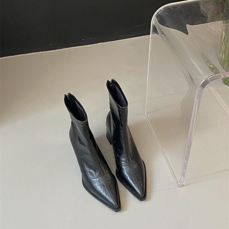 Fashion High-heeled Pointed Short Boots Women Autumn New European American Thick-heeled Bare Boots Retro Brown High-heeled Women's shoes