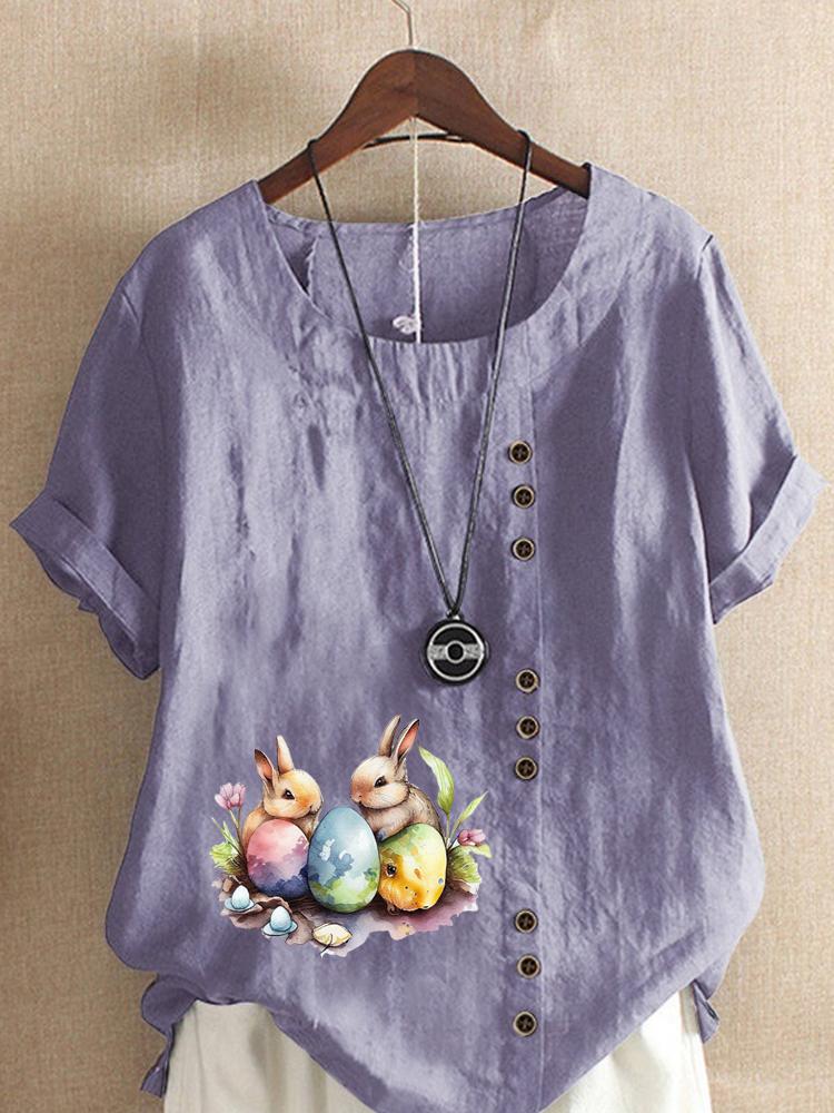 Women's Fashion Rabbit Print Casual Cotton Linen Short Sleeve Round Neck T-shirt Shirt Leisure Loose Summer Blouse Tops