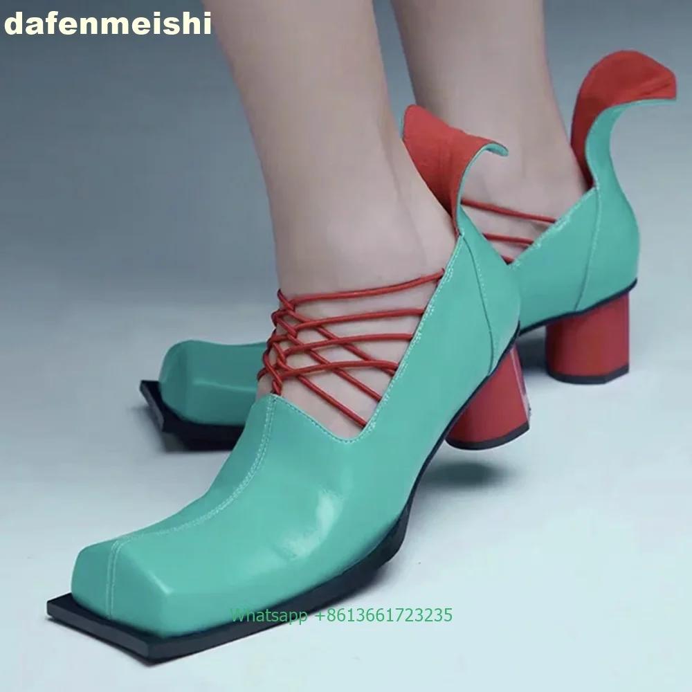 

Мода Странный Стиль Квадратный Носок Круглый Каблук Туфли-Лодочки 2025 Весна Новая Платформа Ретро Толстый Каблук Сандалии Красный Каблук Шнуровка Обувь Женская 40