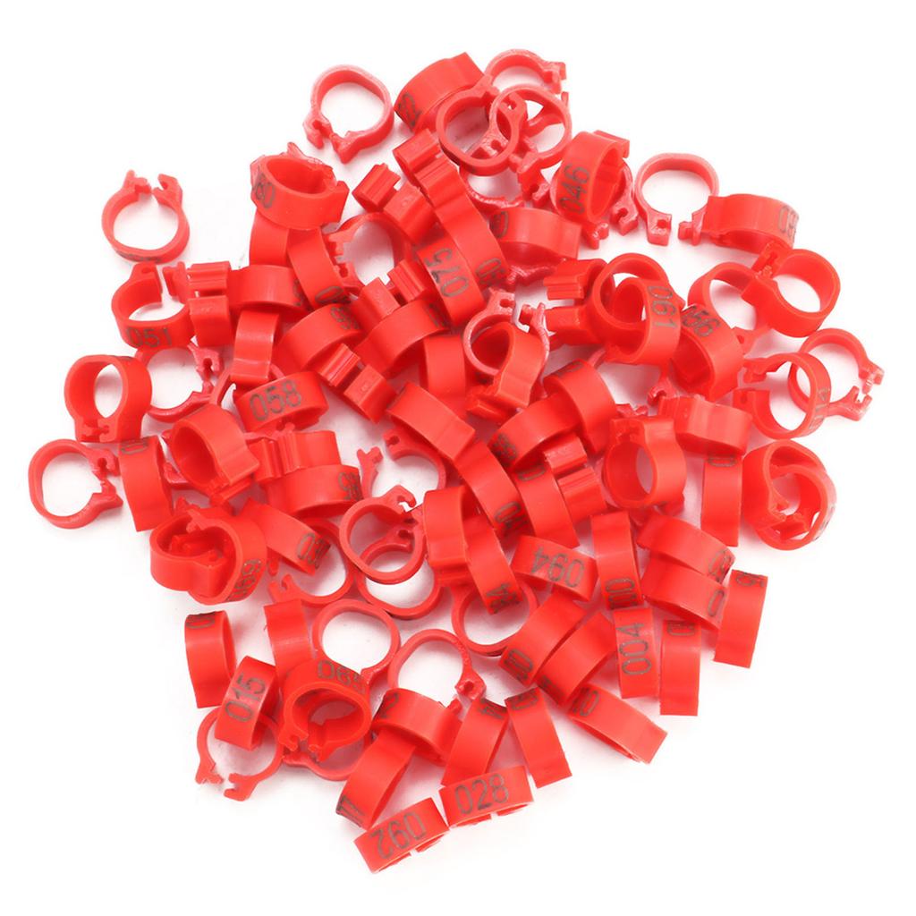 100 STK/pose 8MM 001-100 Nummererte Plast Brevdue Bird Ben Band Ringer(rød)