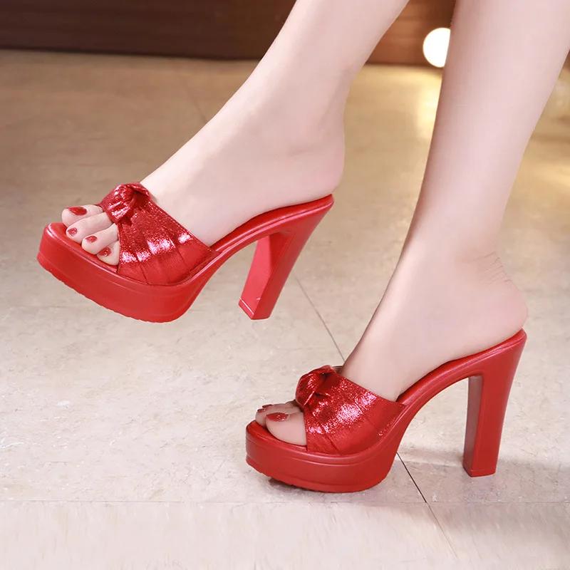Plus Size 32-43 Block Heel Platform Slippers Women Wedding Shoes Summer 2025 Open Head Bow High Heels Slides Ladies Slippers