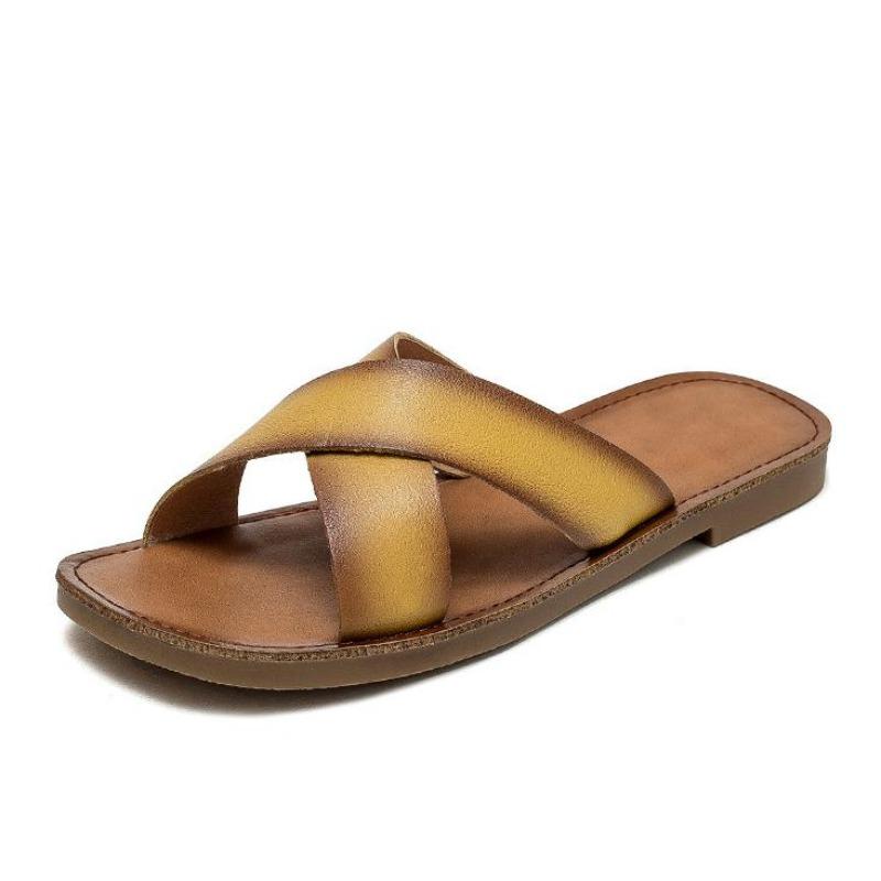 Fashion 1.5CM Literary Style Women Flat Slippers Summer Cross Genuine Cow Leather Open Toe Slip On Slippers Low Heel Casual Slides