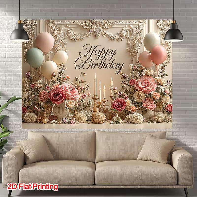 2D Cream Aesthetic Birthday Banner, Pastel Balloons and Floral Arrangement