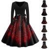 Women's Vintage Halloween Print Dress Long Sleeve V-Neck Flared Midi Dress for Party