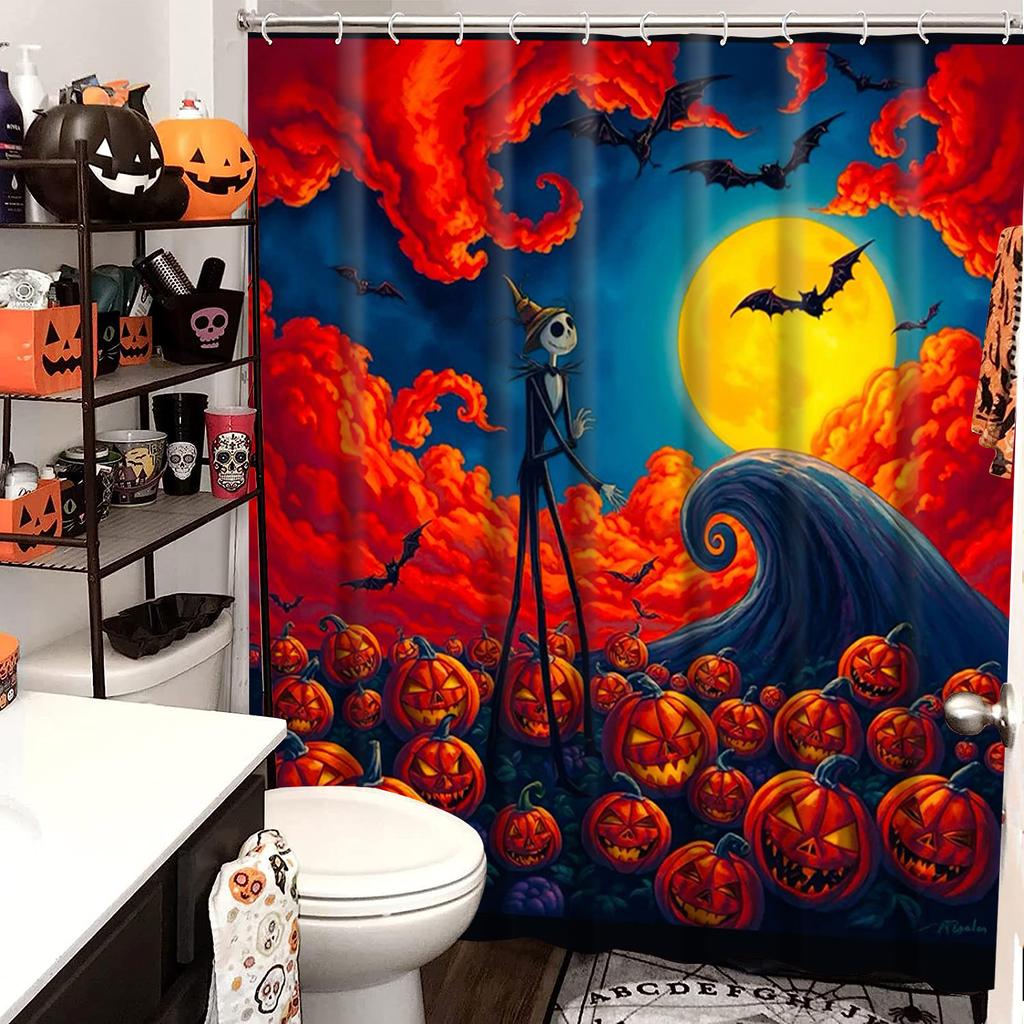 Halloween Bat Print Bathing Curtain Bathroom Shower Curtain With 12 Hooks Bathroom Home Decor And Accessories