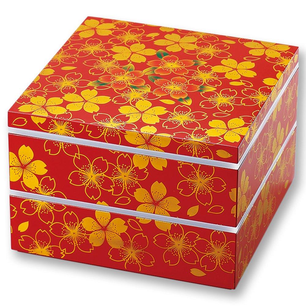 Maeju lacquerware 7.0" Square Two-Tiered Hors D'oeuvres, "Hana No Mai" (Flower Dance), Red (with Stickers), 8R-706