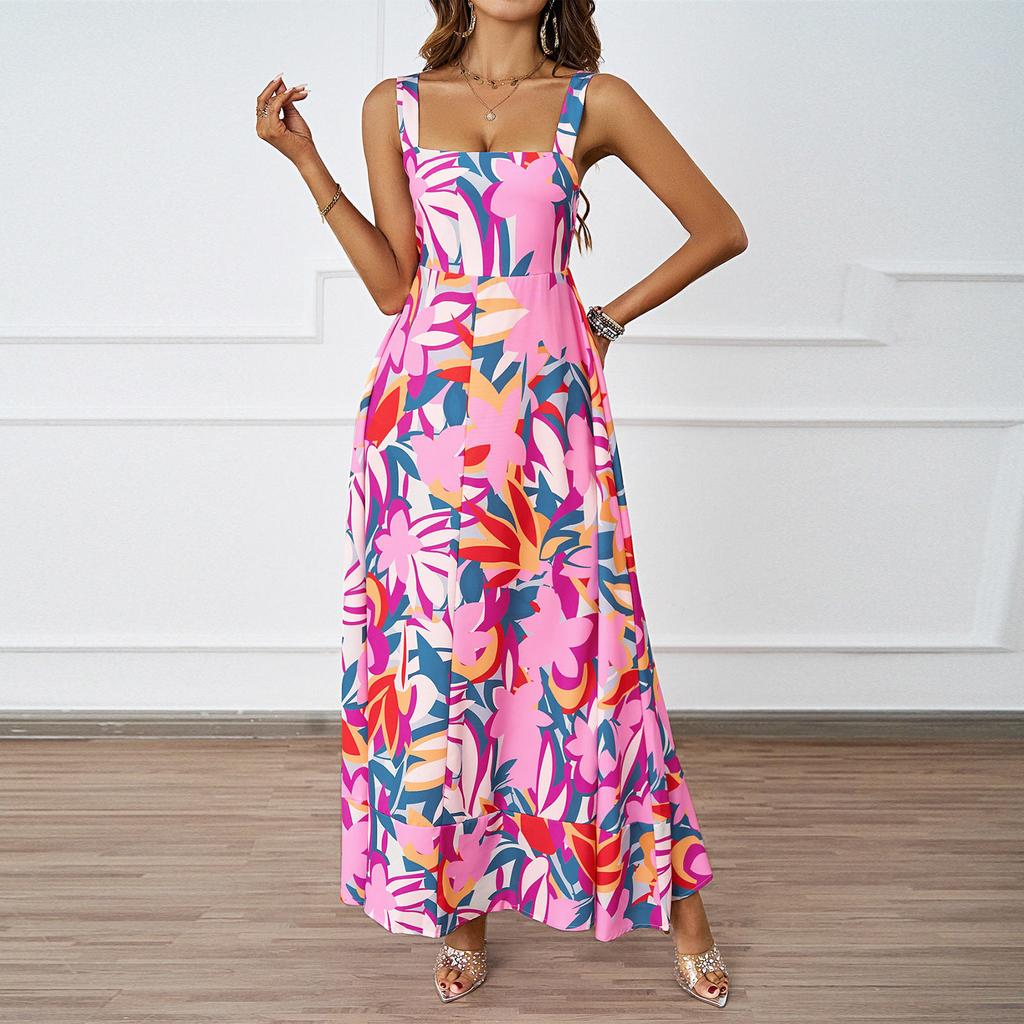 Women's Fashion Sexy Solid Color Sleeveless Strap Dress Women's Dress Long Dress