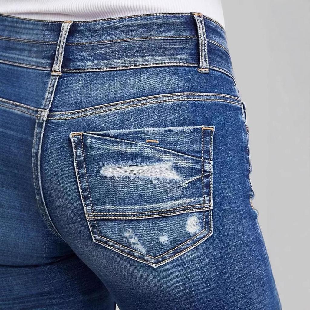 Women's Mid-Length Elastic Denim Shorts - Double-Button Washed Jeans, European & American Style Fashion.