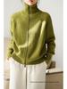Women's European Style Pure Wool Turn-Down Collar Cashmere Cardigan with Double Zipper Knitwear.
