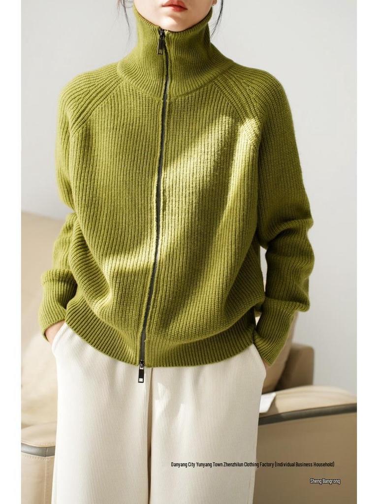 Women's European Style Pure Wool Turn-Down Collar Cashmere Cardigan with Double Zipper Knitwear.