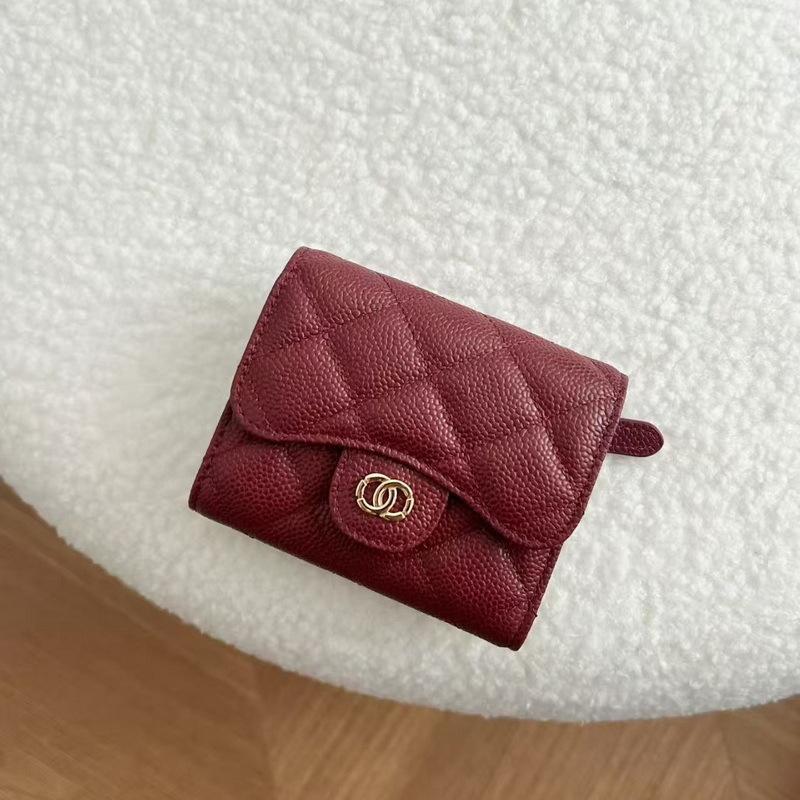 2026 New Caviar Patterned Cowhide Long Three Fold Wallet Hand-held Bag Chain Strap Crossbody Genuine Leather Women's