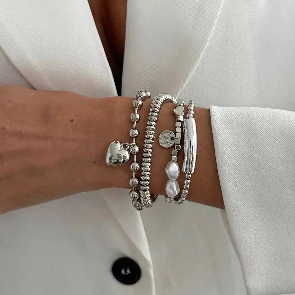 IngeSight.Z 4Pcs/Set Trendy Imitation Pearls Metal Heart Pendant Bracelets Women Luxury Stacked CCB Beaded Bangle Couple Jewelry