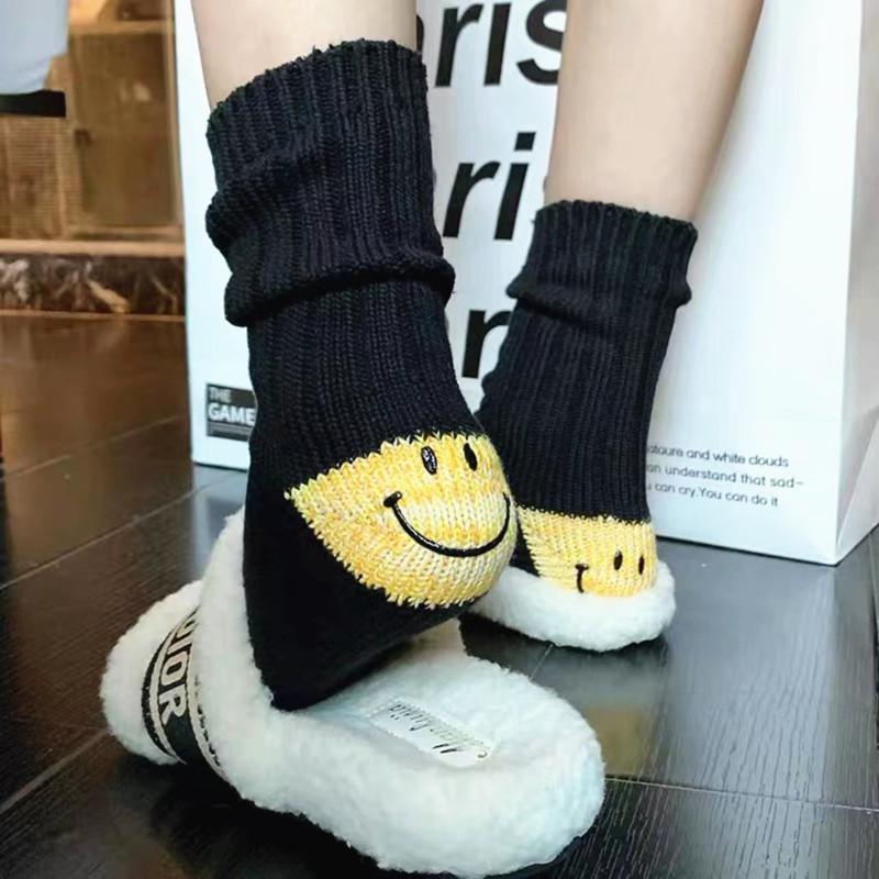 Hirata And Hiroshi Wool Thick Needle Smiley Face Heel Thick Workwear Color-Blocking Striped Mid-Leg Socks Trendy Socks