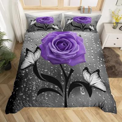 Lila Rose Bettwäscheset Romantische Blumenbettwäsche Blume Dreiteilig Valentinstag Paargeschenk