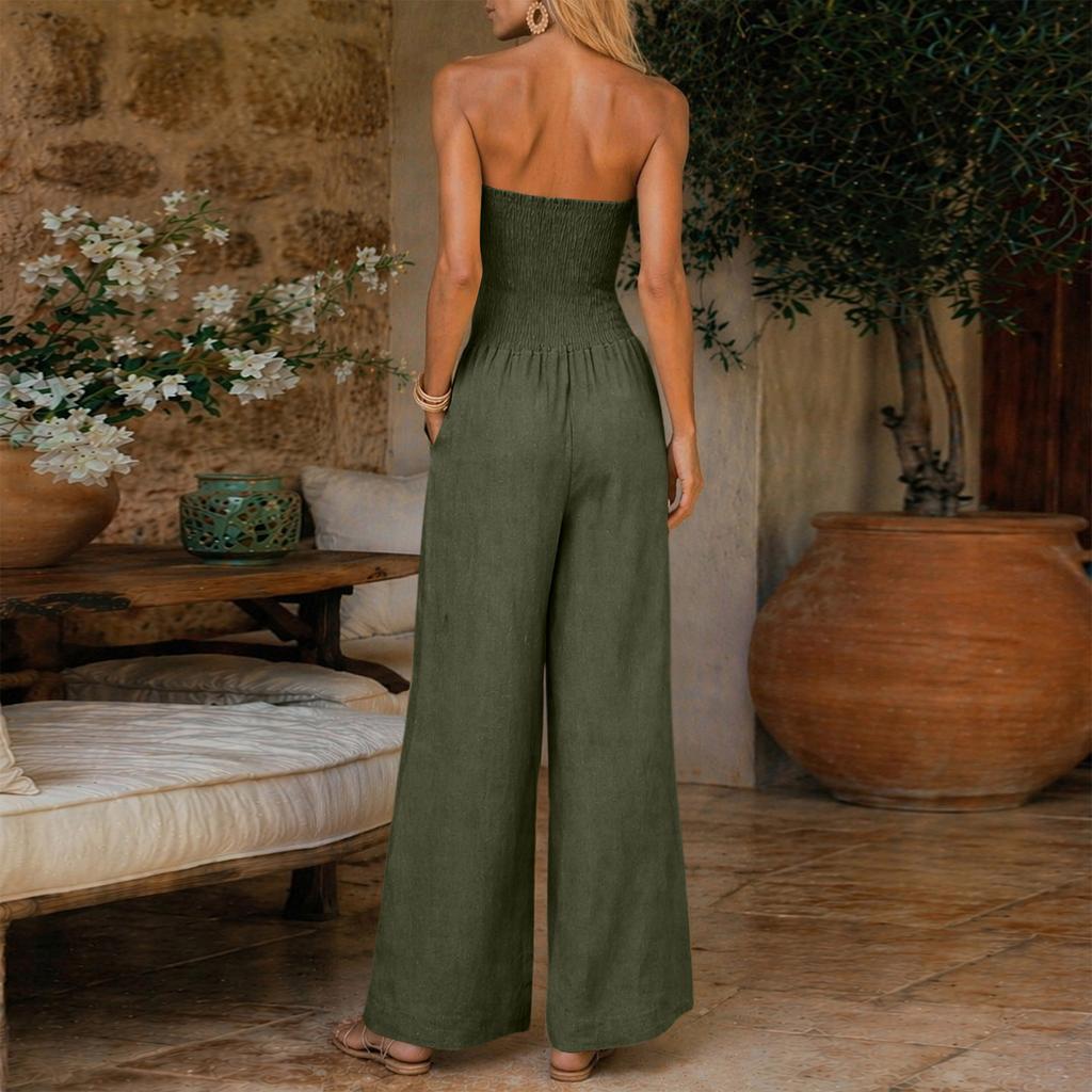Damen Casual Trägerloser Jumpsuit Gerüschtes Schlauchoberteil Weite Hosen Ärmelloser Sommer-Romper mit Taschen